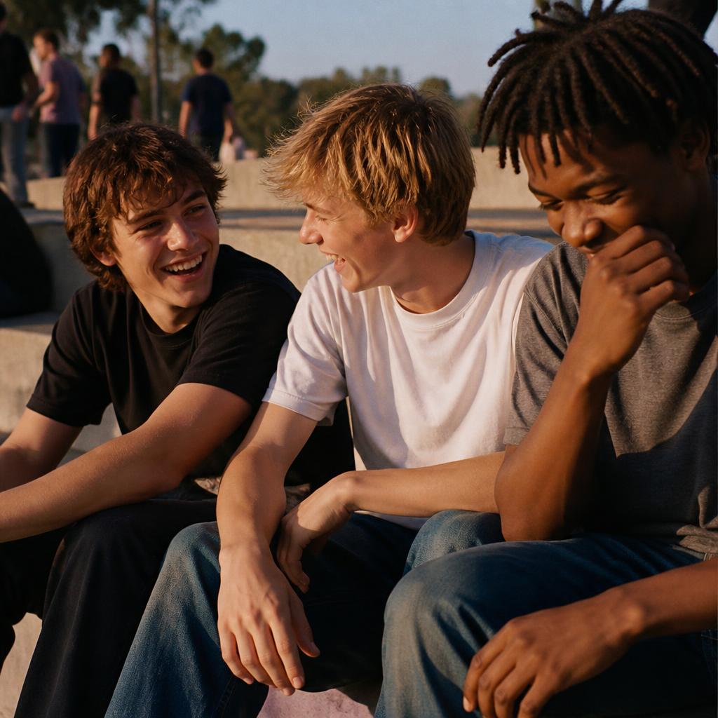Three friends sitting together laughing at a skate park