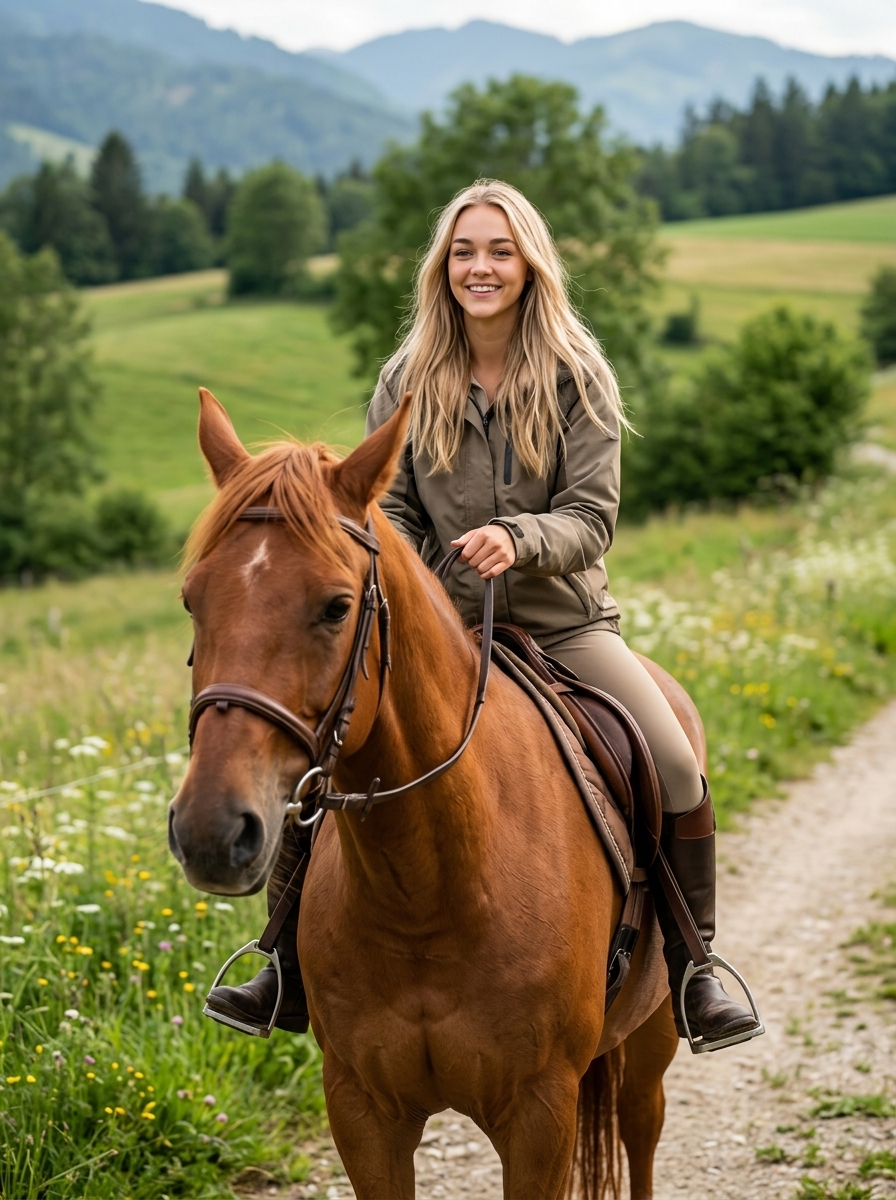 Star riding a horse on a countryside trail