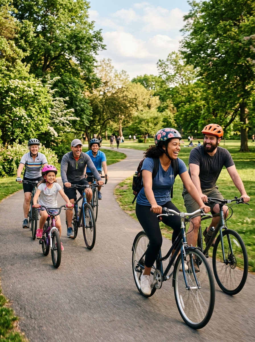 Example members riding bikes together along a tree-lined park trail