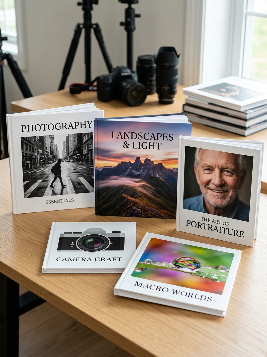 Photography group cover: photo books and a camera on a desk