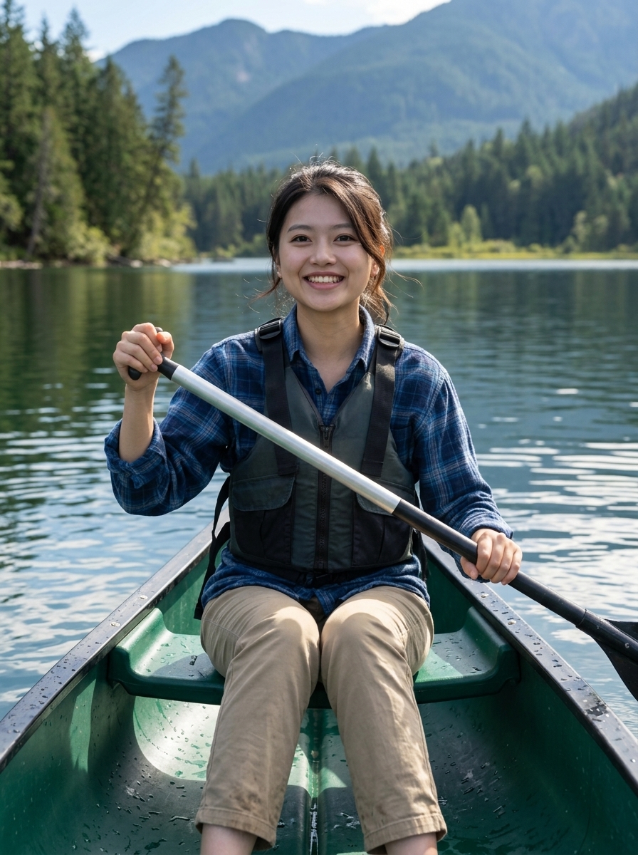 Example member canoeing on a mountain lake