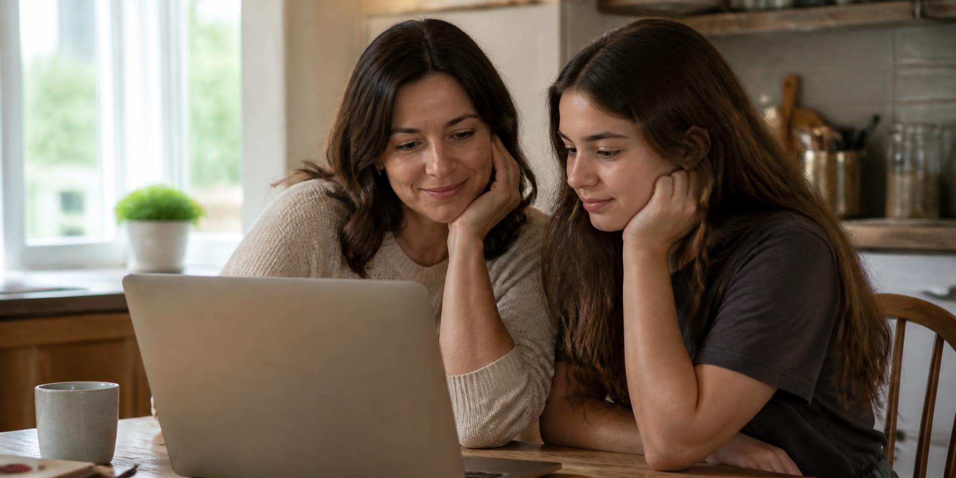 A parent and their teenager looking at a laptop together at the kitchen table