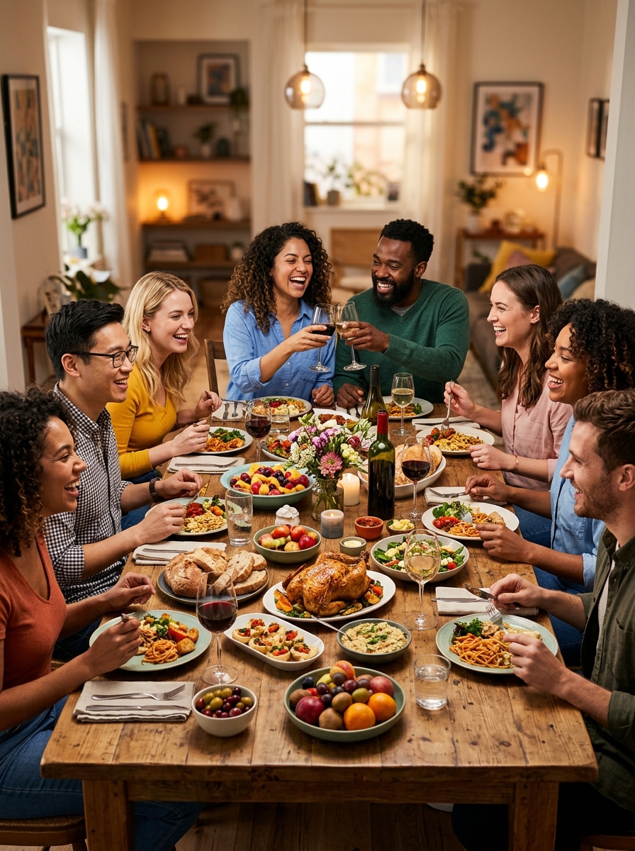 Food group cover: friends laughing around a full dinner table