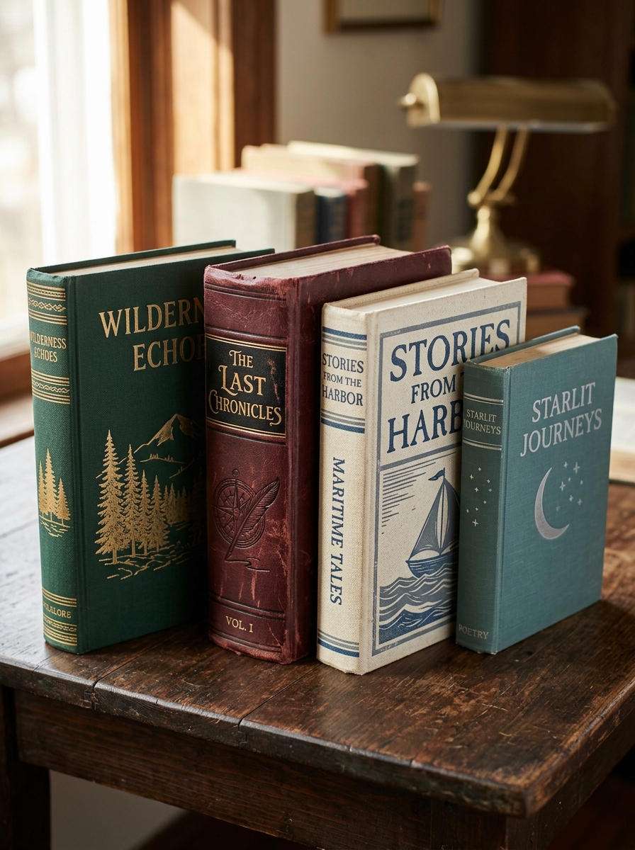 Books group cover: vintage hardcover novels on a wooden table