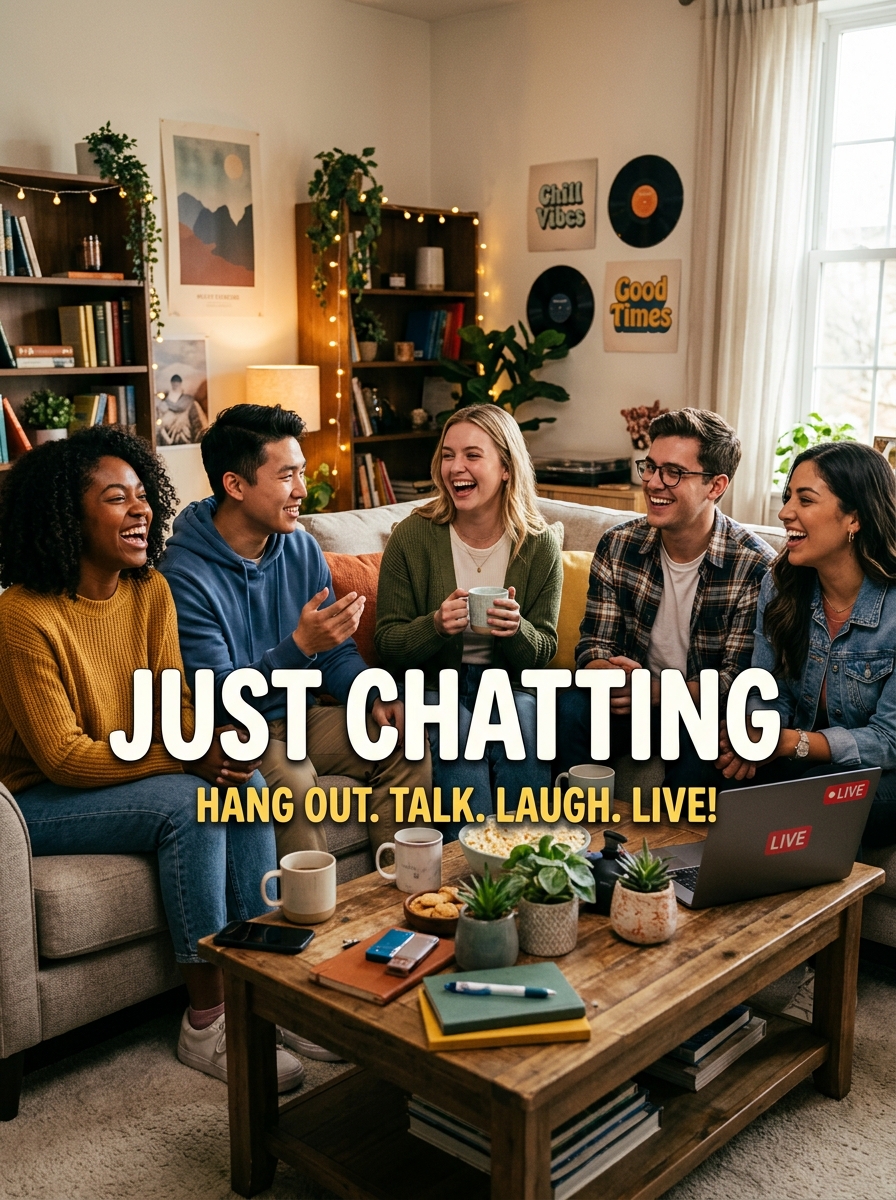 Just Chatting group cover: friends talking and laughing in a living room