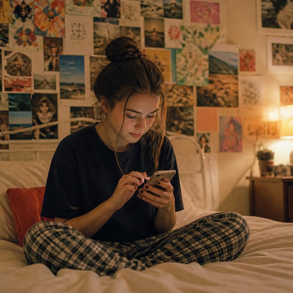 A member customizing their profile on a phone in a decorated bedroom