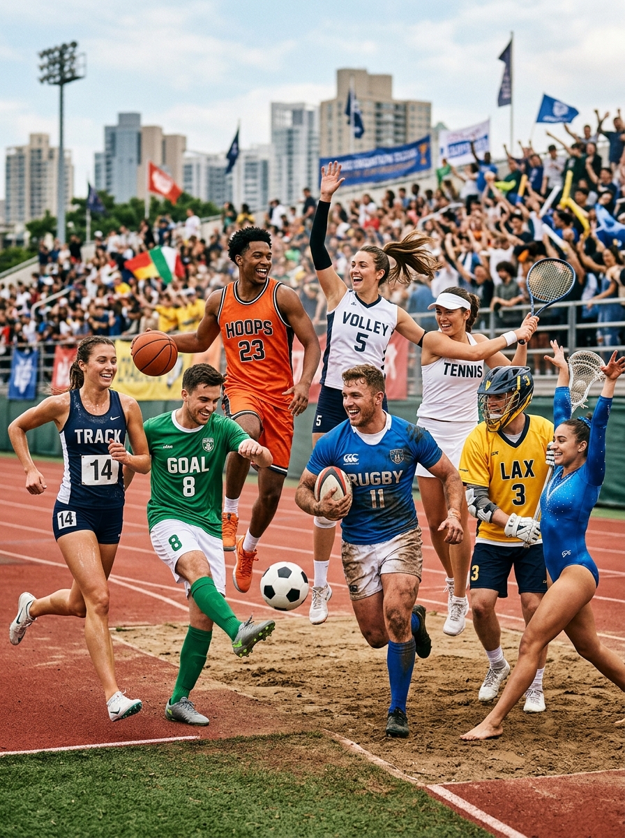 Sports group cover: athletes celebrating at a stadium