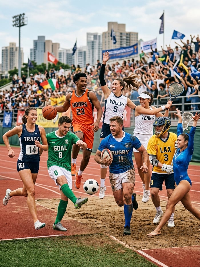 Sports group cover: athletes celebrating at a stadium