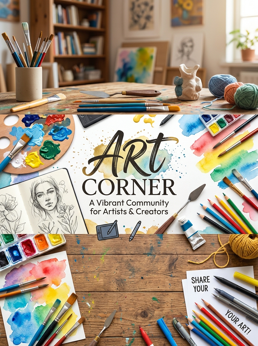 Art Corner group cover: paints, brushes and sketchbooks