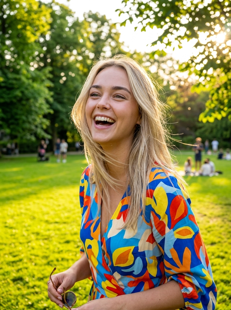 Star laughing in a sunny park