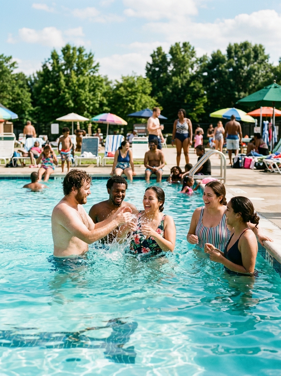 Example members laughing and splashing together in an outdoor pool