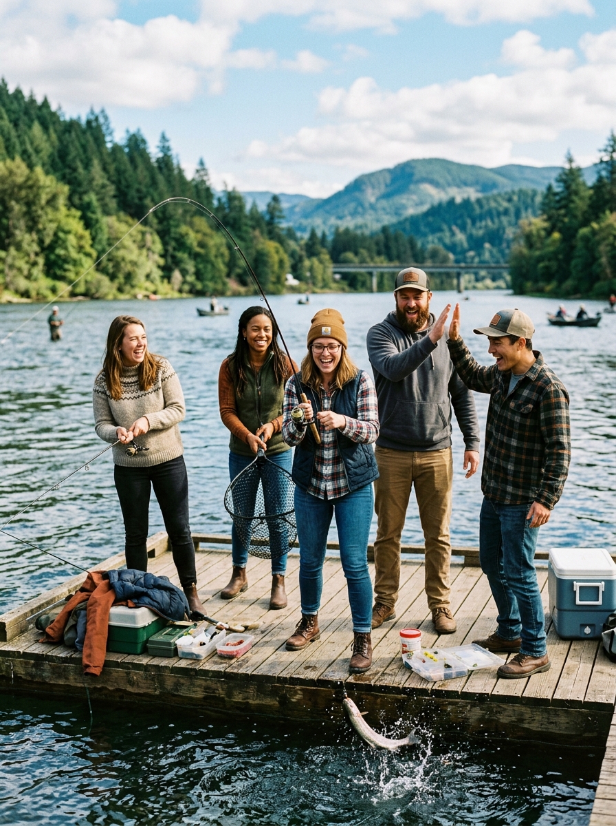 Example members cheering after catching a fish off a lake dock