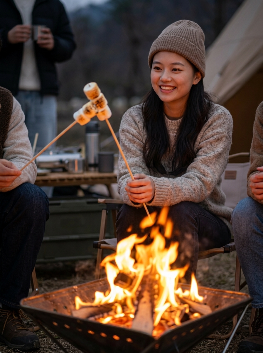 Example member roasting marshmallows at a campfire with friends