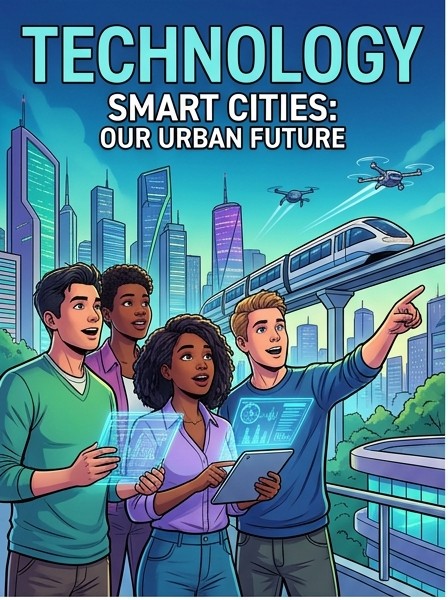 Technology group cover: illustrated friends exploring a futuristic smart city