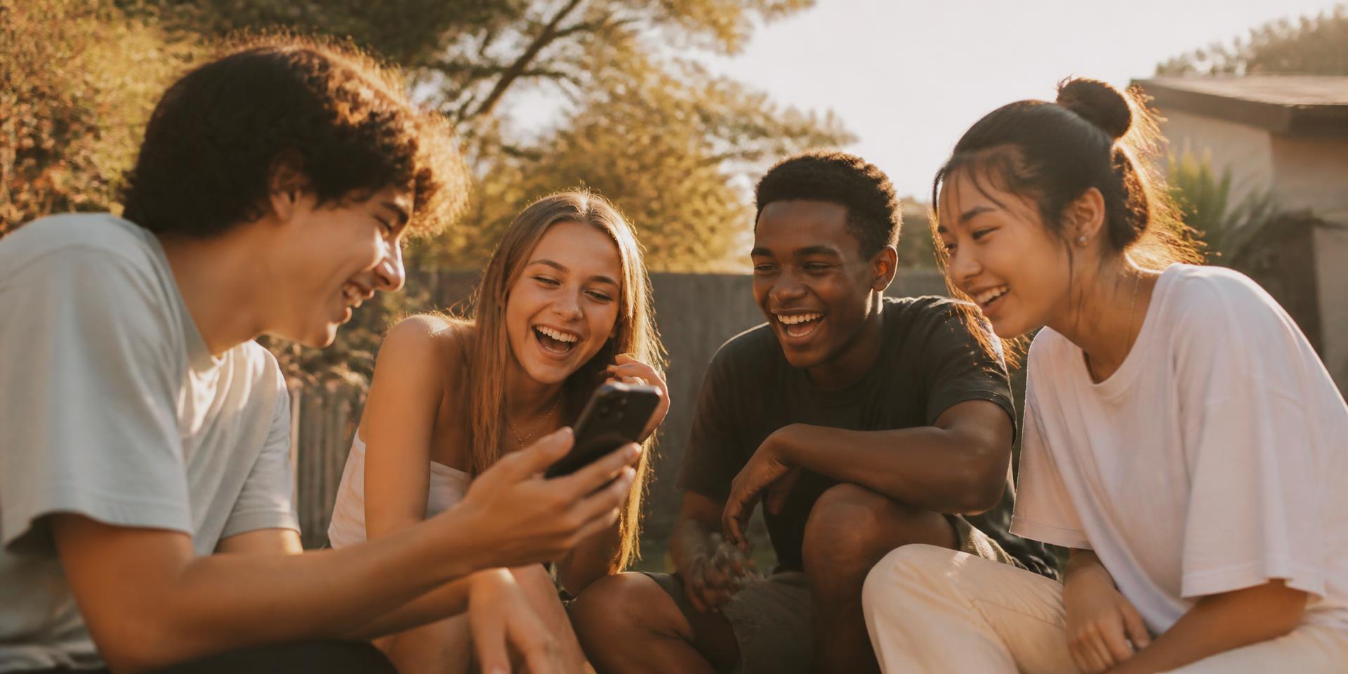 Four friends laughing together outdoors while looking at a phone