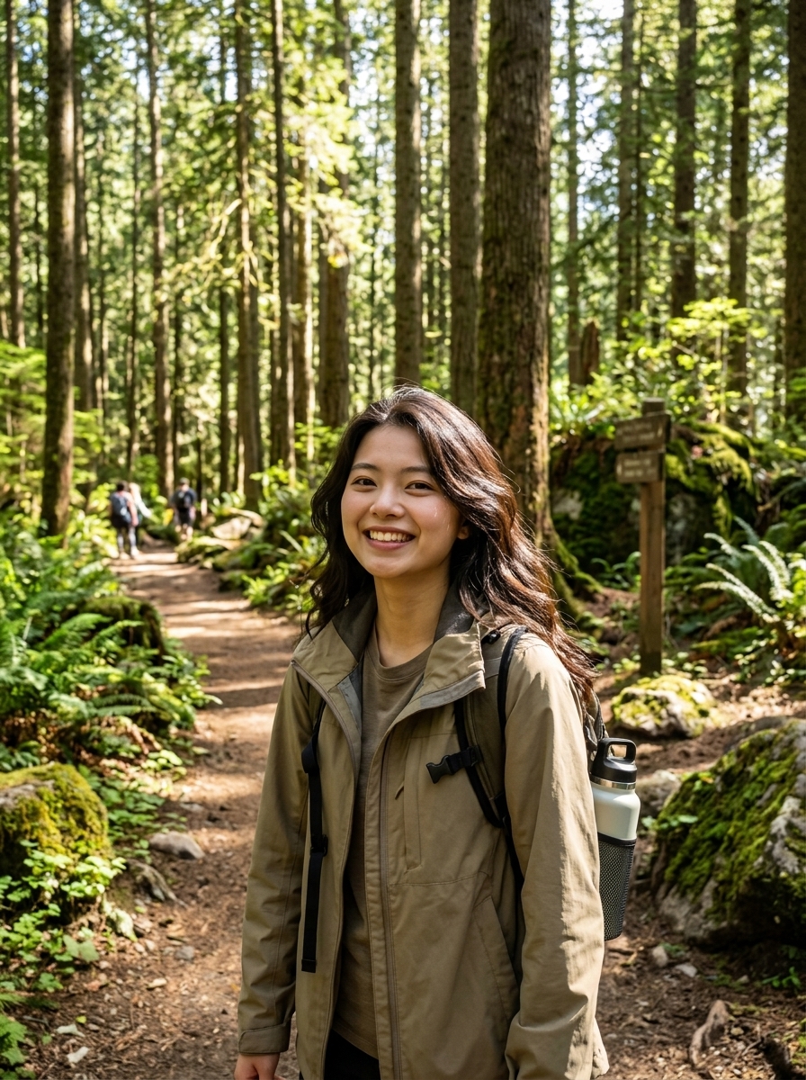 Example member hiking a forest trail on the weekend