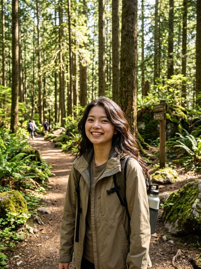 Example member hiking a forest trail on the weekend